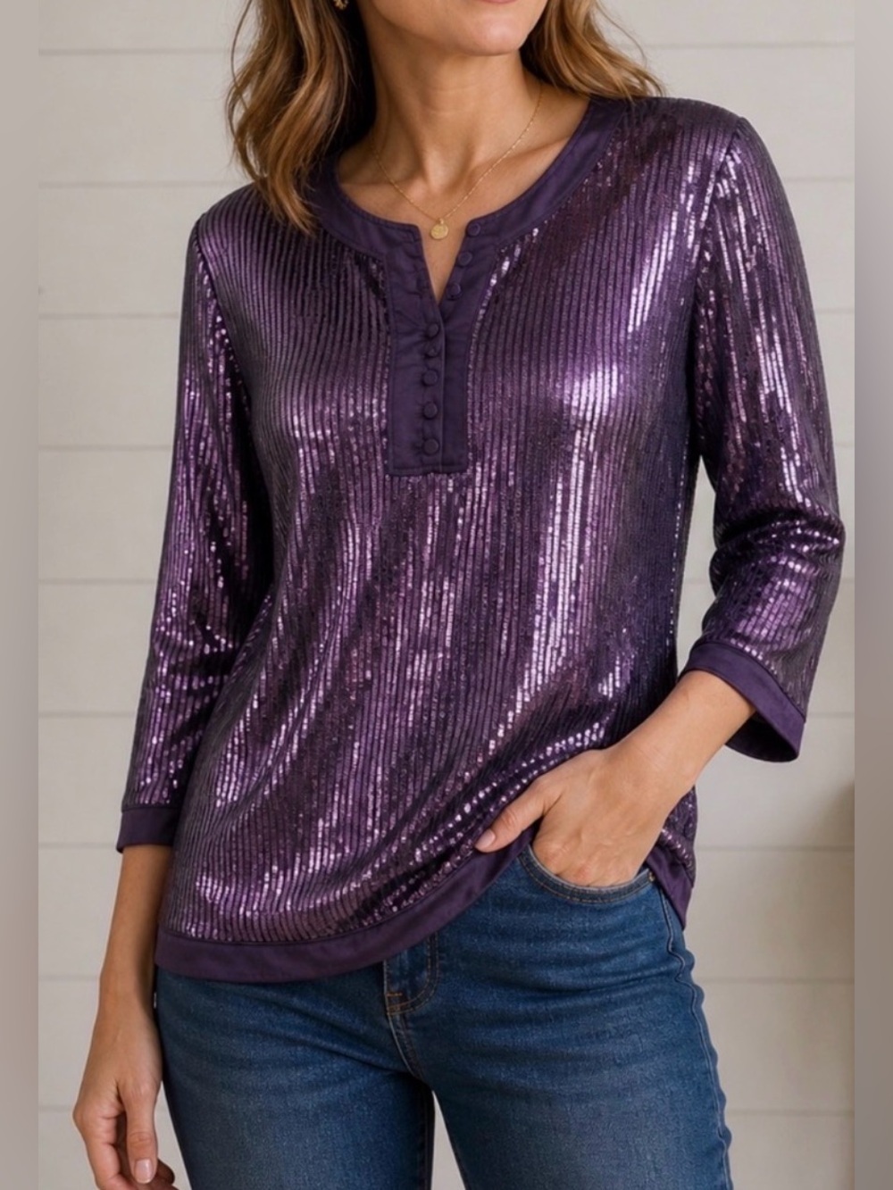 Naeem Khan Timeless Purple Sequin Top L 3/4 Sleeve Glam Party Blouse Y2K glam